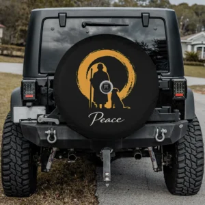 Minimalist zen monk dog peace spare tire cover with backup camera hole for Jeep Wrangler