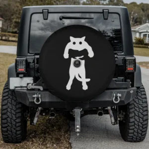 Minimalistic black cat hug silhouette spare tire cover with backup camera hole for SUV