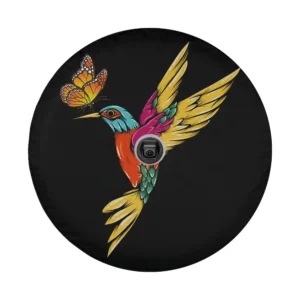 Colorful hummingbird and monarch butterfly illustration for tire cover