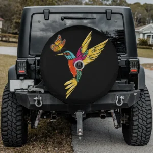 Spare tire cover with monarch butterfly and colorful hummingbird, backup camera hole