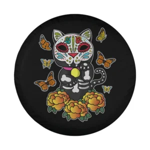 Dia de los Muertos monarch butterfly marigold sugar skull cat design on tire cover