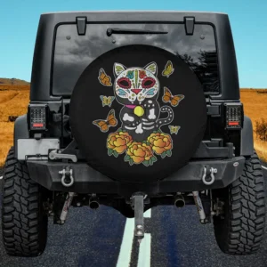 Monarch butterfly marigold sugar skull cat spare tire cover with no camera hole for Jeep and SUV