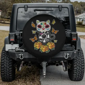 Monarch butterfly marigold sugar skull cat spare tire cover with camera hole for Jeep Wrangler