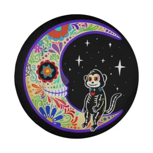 Close-up of monkey skeleton sugar skull and crescent moon design on spare tire cover