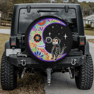 Monkey Dia de Los Muertos skeleton sugar skull spare tire cover with camera hole