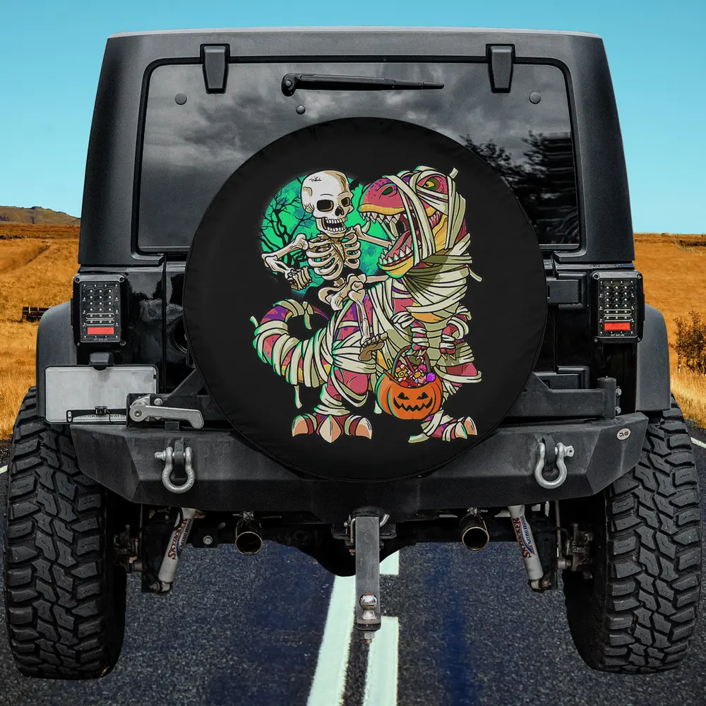 Moon skeleton mummy dinosaur Halloween spare tire cover with pumpkin candy bucket, no camera hole, on Jeep