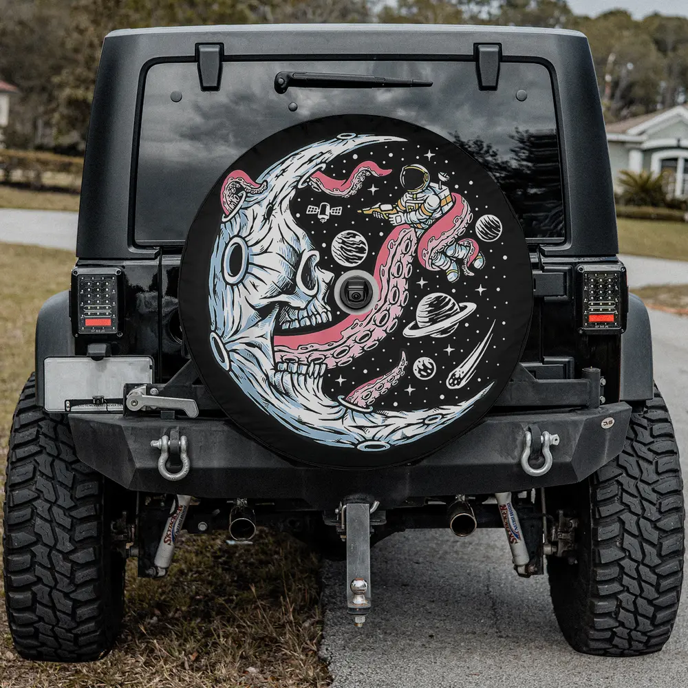 Moon skull tentacle astronaut octopus spare tire cover with backup camera hole for SUV