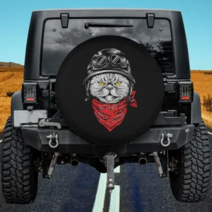 Motorcycle helmet red bandana cat spare tire cover on Jeep with no camera hole