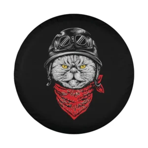 Illustrated biker cat with motorcycle helmet and red bandana tire cover design