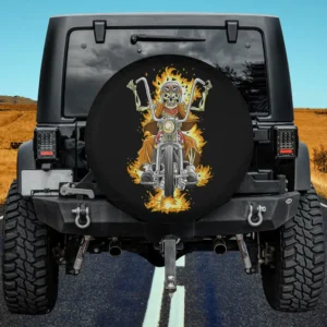 Motorcycle skeleton motorcyclist flames spare tire cover no camera hole