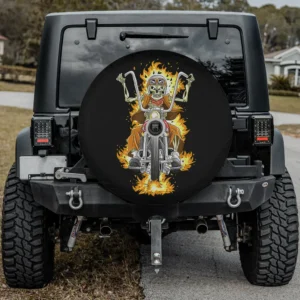 Motorcycle skeleton motorcyclist flames spare tire cover with camera hole