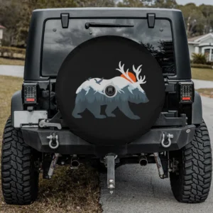 mountain bear antlers orange sun spare tire cover with camera hole
