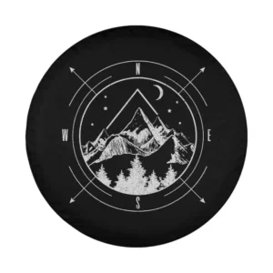 Mountains compass pine trees hiker camper spare tire cover design closeup