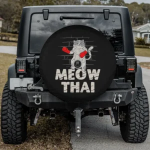 Spare tire cover with Muay Thai cat and red boxing gloves, backup camera hole