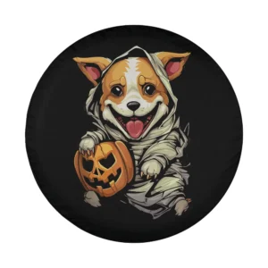 Cartoon corgi in mummy costume holding jack-o-lantern for Halloween tire cover