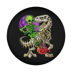 Funny Halloween design with mummy skeleton riding dinosaur and pumpkin