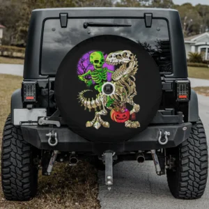 Halloween spare tire cover with mummy skeleton, dinosaur, pumpkin and camera hole