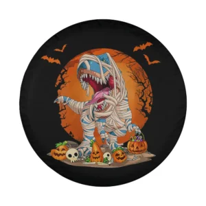 Cartoon mummy T rex, pumpkins, skulls, bats, Halloween spare tire cover art