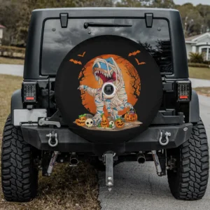 Halloween spare tire cover with mummy T rex, pumpkins, skeletons, fits backup camera