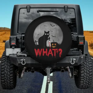 murderous black cat with bloody knife and jack-o-lantern halloween spare tire cover no camera hole
