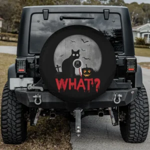 murderous black cat with bloody knife and jack-o-lantern halloween spare tire cover with camera hole