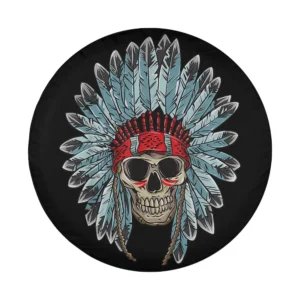 Close-up of Native American skull with Indian feathers design on spare tire cover