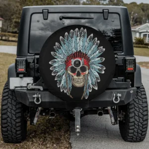Native American skull with Indian feathers spare tire cover with camera hole