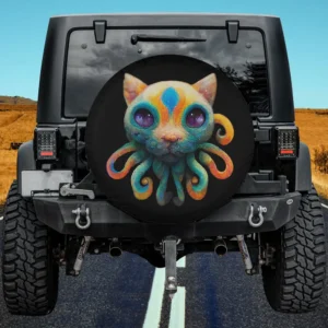 Neon cat octopus hybrid Halloween genetics spare tire cover with no camera hole