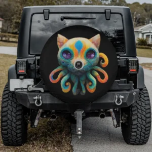 Neon cat octopus hybrid Halloween genetics spare tire cover with backup camera hole