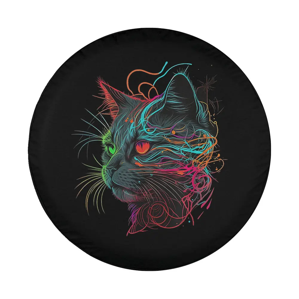 neon galaxy cat line art space kitten design for custom spare tire cover