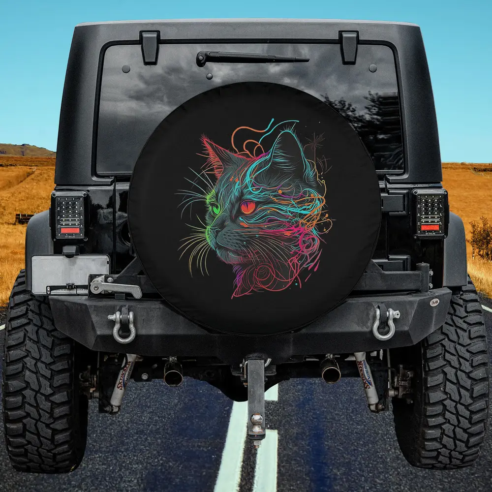 neon galaxy cat line art space kitten spare tire cover no camera hole for Jeep