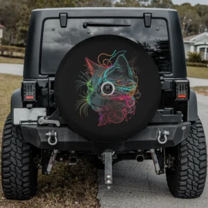 neon galaxy cat line art space kitten spare tire cover with camera hole for SUV RV
