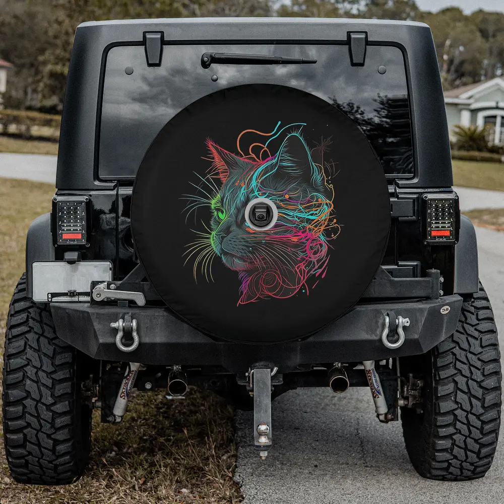 neon galaxy cat line art space kitten spare tire cover with camera hole for SUV RV