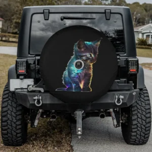 neon glowing kitten digital art cat spare tire cover with camera hole for SUV RV