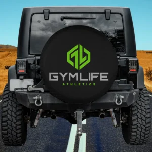 neon green gym life athletics logo spare tire cover on Jeep in outdoor setting