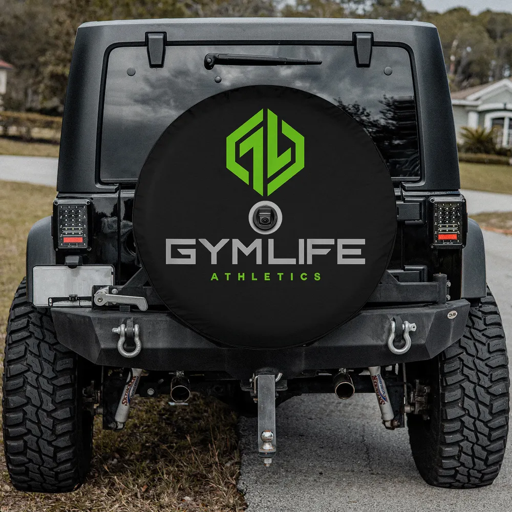 spare tire cover with neon green gym life athletics logo and backup camera hole