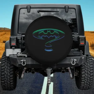 Neon green question mark Batman logo spare tire cover on Jeep Wrangler, no camera hole