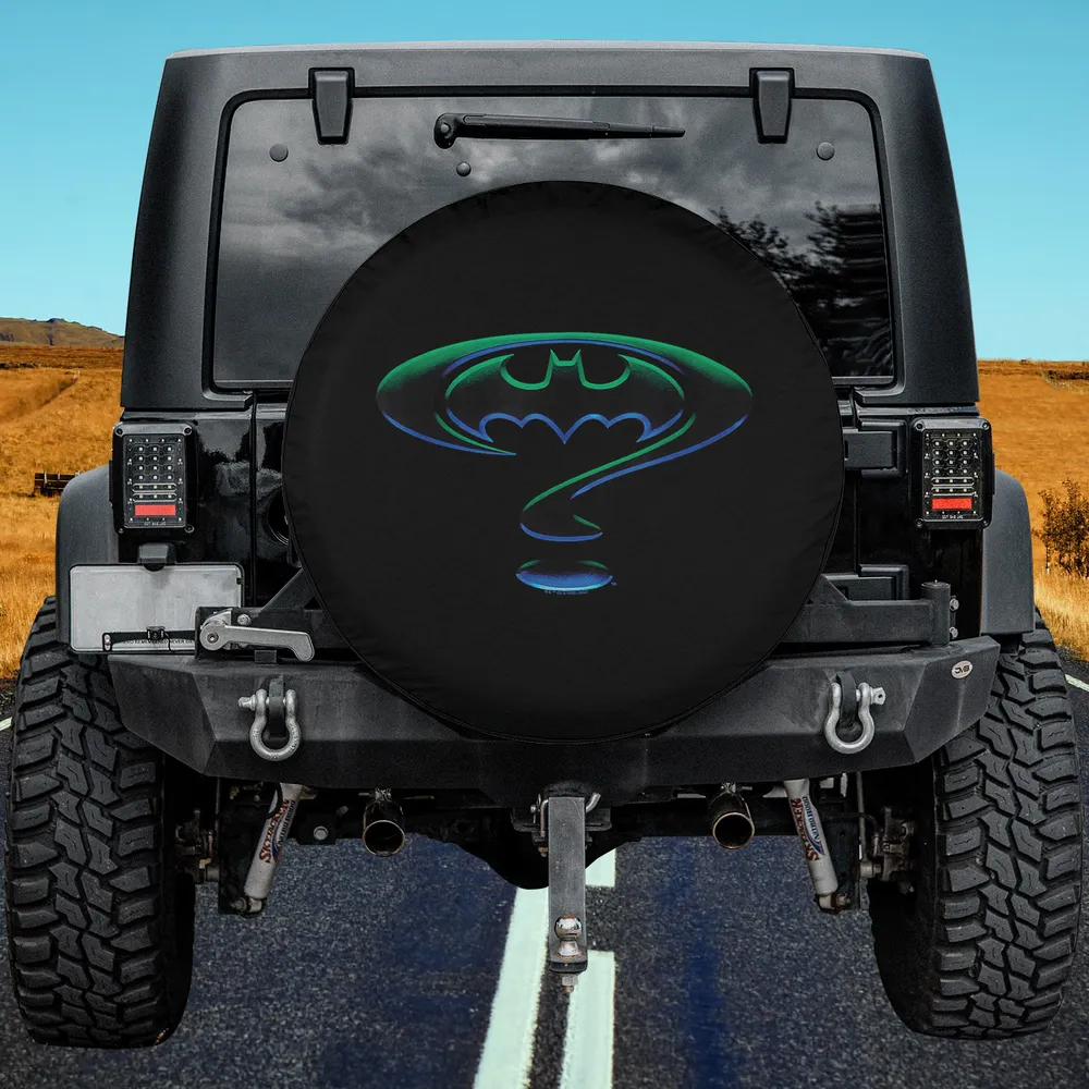 Neon green question mark Batman logo spare tire cover on Jeep Wrangler, no camera hole