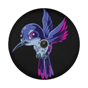 Cartoon hummingbird with neon purple and pink wings bold illustration design