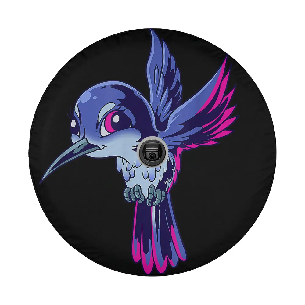 Cartoon hummingbird with neon purple and pink wings bold illustration design