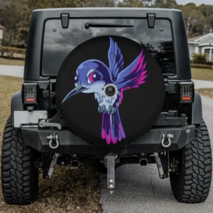 Spare tire cover with neon purple cartoon hummingbird and bold wings, backup camera hole option