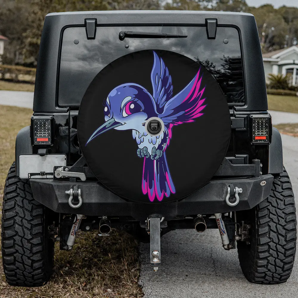 Spare tire cover with neon purple cartoon hummingbird and bold wings, backup camera hole option