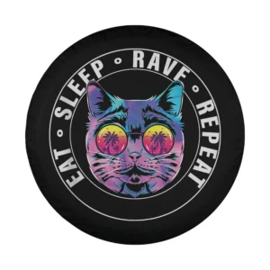 Psychedelic neon cat with palm tree sunglasses eat sleep rave repeat design for tire cover