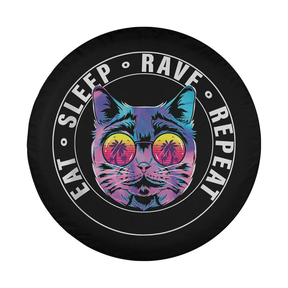 Psychedelic neon cat with palm tree sunglasses eat sleep rave repeat design for tire cover