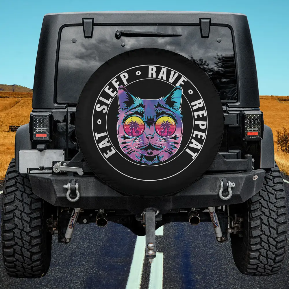 Neon sunglasses palm tree cat eat sleep rave repeat spare tire cover no camera hole for Jeep RV