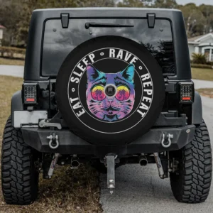 Neon sunglasses palm tree cat eat sleep rave repeat spare tire cover with camera hole for Jeep RV
