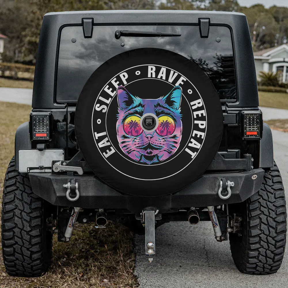 Neon sunglasses palm tree cat eat sleep rave repeat spare tire cover with camera hole for Jeep RV