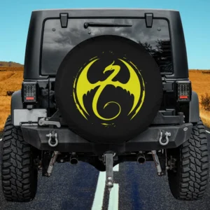 Neon yellow dragon logo brushstroke superhero spare tire cover no camera hole for Ford Bronco