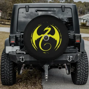 Neon yellow dragon logo brushstroke superhero spare tire cover with camera hole for Ford Bronco