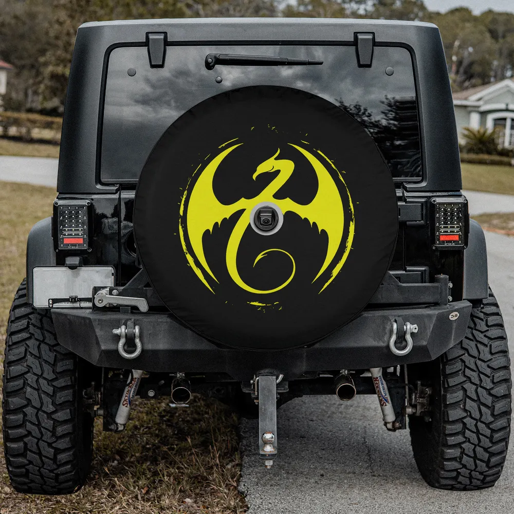Neon yellow dragon logo brushstroke superhero spare tire cover with camera hole for Ford Bronco
